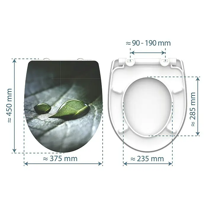 Schütte WC-Sitz Raindrop - Duroplast, Grün, Mit Absenkautomatik - Dieses Bild zeigt eine Toilettenbrille mit den zugehörigen Abmessungen. Die Toilettenbrille ist ein stilvolles Accessoire für jedes Badezimmer.