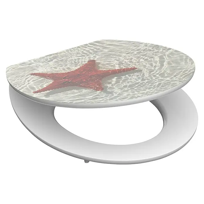 Schütte WC-Sitz Red Starfish - MDF, Beige/Rot, Mit Absenkautomatik - Toilettensitz mit Seestern-Design. Das Dekor mit dem roten Seestern auf hellem Sand unter Wasser verleiht jedem Badezimmer eine maritime Note.