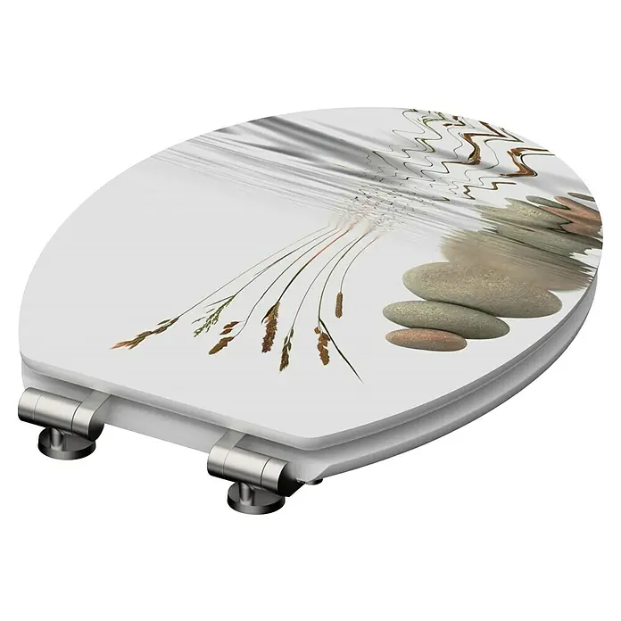 Schütte WC-Sitz Balance - MDF, Weiß/Beige, Mit Absenkautomatik - WC-Sitz mit einem Zen-inspirierten Design, das Steine, Gräser und eine subtile Wasseroberfläche zeigt, für eine entspannende Badatmosphäre.