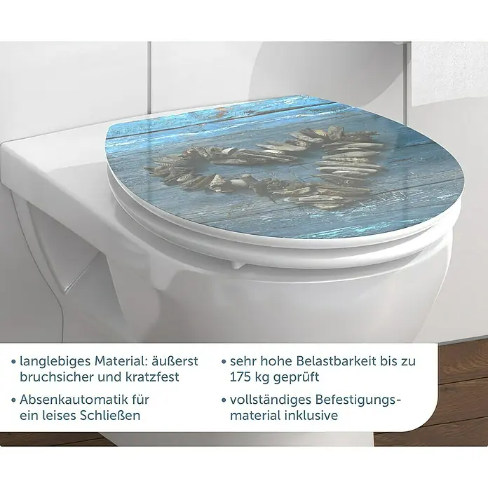 Schütte WC-Sitz Shell Heart - MDF, Blau/Braun, Mit Absenkautomatik - WC-Sitz mit blauem Holzherz-Design, langlebig, bruchsicher und kratzfest, mit Absenkautomatik und Befestigungsmaterial.