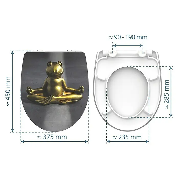 Schütte WC-Sitz Relaxing Frog - Duroplast, Grau/Gold, Mit Absenkautomatik - Bild einer Toilettenbrille mit den ungefähren Maßen 450 mm Höhe, 375 mm Breite (Außen) und 285 x 235 mm (Innen).
