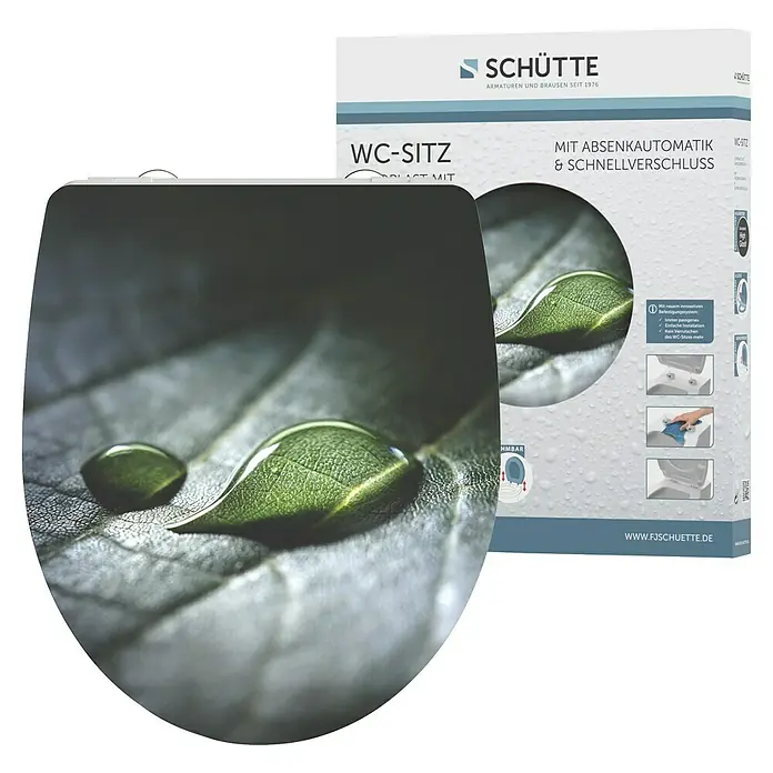 Schütte WC-Sitz Raindrop - Duroplast, Grün, Mit Absenkautomatik - WC-Sitz mit Absenkautomatik und Schnellverschluss von Schütte, zeigt ein Blatt mit Wassertropfen. Elegantes Design für jedes Badezimmer.