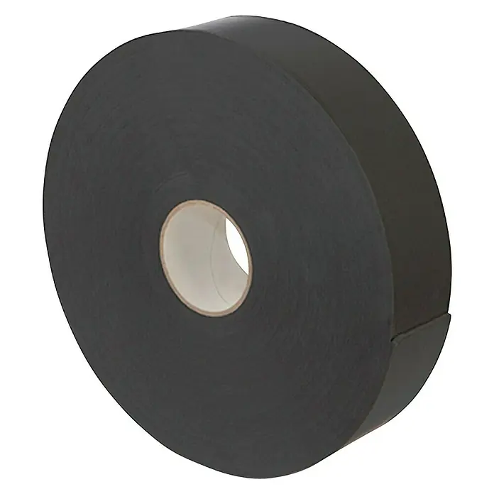 Placo Saint-Gobain Cinta autoadhesiva - 30 m x 70 mm - Esta toma muestra un rollo de cinta negra, que está enrollada y tiene un núcleo de cartón en el medio. Ideal para el embalaje.