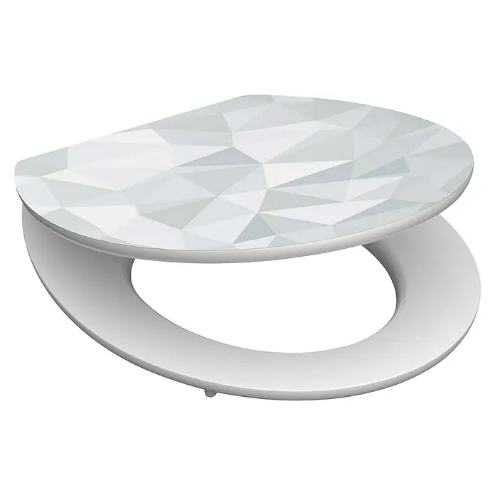 Schütte WC-Sitz Diamond - MDF, Weiß/Grau, Mit Absenkautomatik - Weißer WC-Sitz mit geometrischem Muster auf dem Deckel. Der Sitz ist modern und stilvoll gestaltet.
