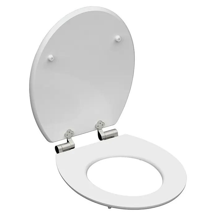 Schütte WC-Sitz Shell Heart - MDF, Blau/Braun, Mit Absenkautomatik - Nahaufnahme eines weißen Toilettensitzes mit Chromscharnieren, der für ein sauberes und modernes Badezimmerdesign entworfen wurde.