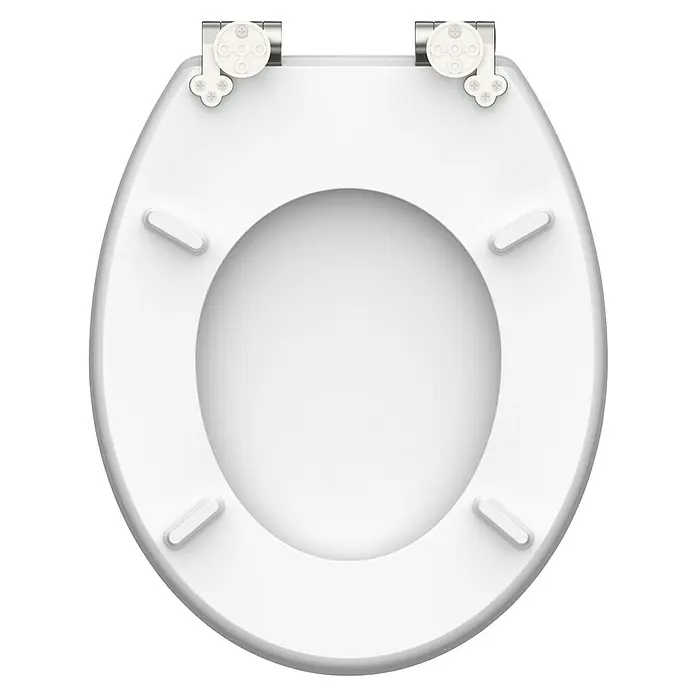Schütte WC-Sitz Blue Wood - MDF, Türkis/Braun, Mit Absenkautomatik - Ein strahlend weißer Toilettensitz mit Befestigungsmechanismus, aufgenommen von oben, ideal für Hygiene und Komfort im Badezimmer.