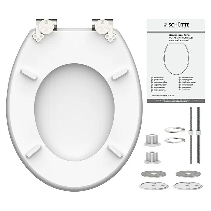 Schütte WC-Sitz Polar Lights - MDF, Blau/Orange, Mit Absenkautomatik - Bild eines Schütte WC-Sitzes MDF Hochglanz mit Absenkautomatik, zusammen mit der Montageanleitung und Zubehörteilen.