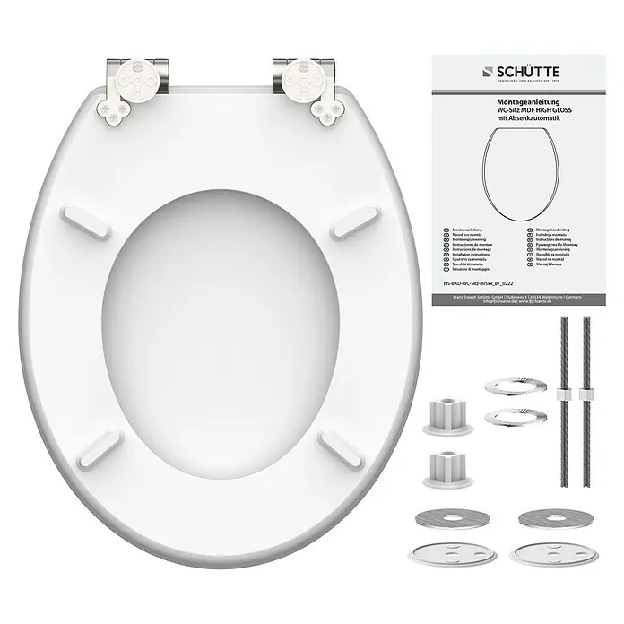 Schütte WC-Sitz Diamond - MDF, Weiß/Grau, Mit Absenkautomatik - Weißer WC-Sitz aus MDF Hochglanz mit Absenkautomatik und Montageteilen.