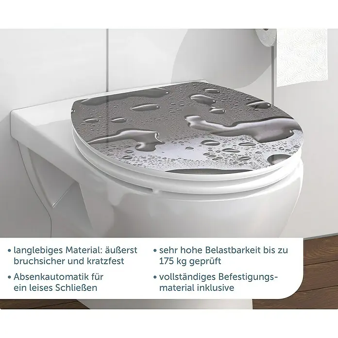 Schütte WC-Sitz Grey Steel - MDF, Grau, Mit Absenkautomatik - WC-Sitz mit Wassertropfen-Design. Aus langlebigem Material, bruchsicher und kratzfest, belastbar bis 175 kg.