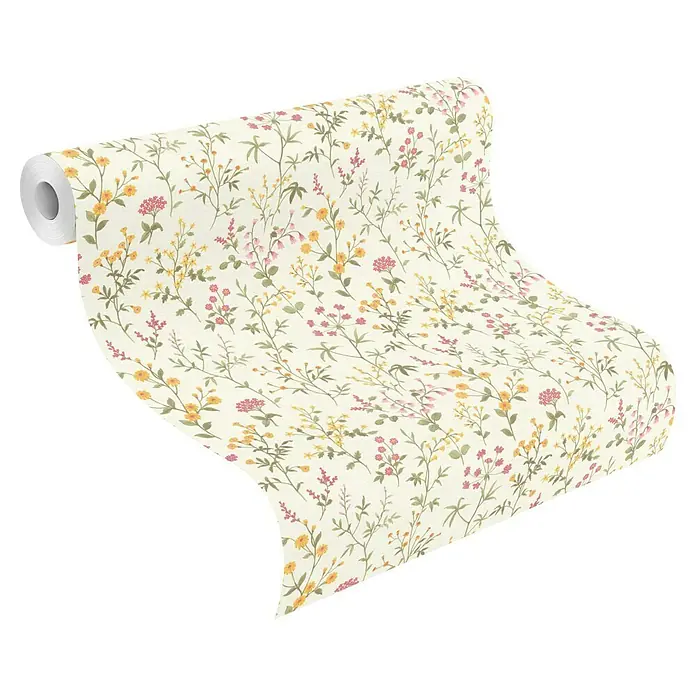 Tesa Rasch Strukturtapete Daisy Blume - Selbstklebend, Weiß/Grün, Floral, 6 x 0,53 m - Rolle Blumentapete mit kleinen gelben, rosa und grünen Wildblumen auf cremefarbenem Hintergrund, teilweise abgerollt.