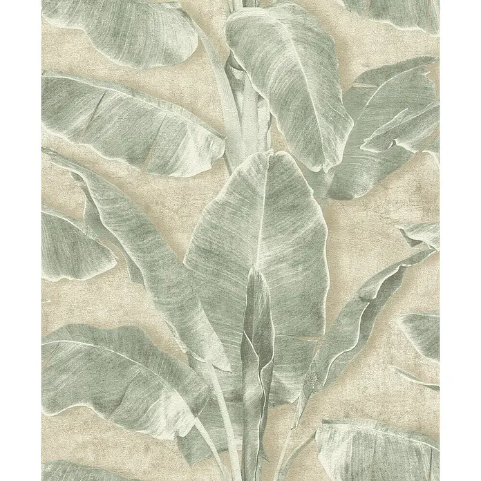 Tesa Rasch Strukturtapete Cuba Blatt - Selbstklebend, Grün, Floral, 6 x 0,53 m - Nahaufnahme einer Tapete mit einem Muster aus grünen Bananenblättern auf beigem Hintergrund.