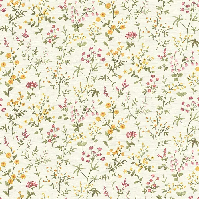 Tesa Rasch Strukturtapete Daisy Blume - Selbstklebend, Weiß/Grün, Floral, 6 x 0,53 m - Blumenmuster-Tapete mit gelben und roten Blüten auf beigem Grund, ideal für ein gemütliches Ambiente.