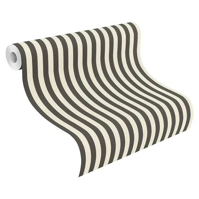 Tesa Rasch Strukturtapete Lenny - Selbstklebend, Schwarz/Beige, Streifen, 6 x 0,53 m - Tapetenrolle mit Streifenmuster in Schwarz und Beige, abrollend.