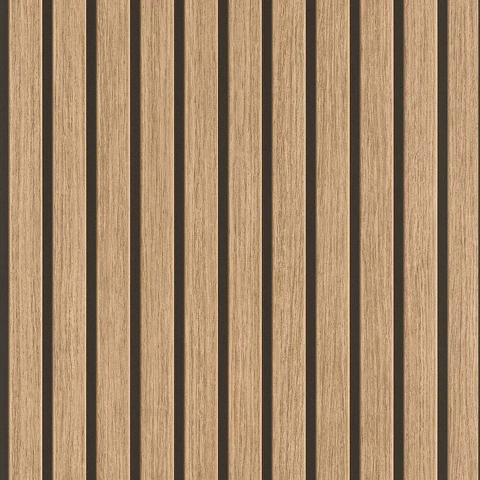 Tesa Rasch Strukturtapete Akustikpaneel-Optik - Selbstklebend, Braunbeige, Holzoptik, 6 x 0,53 m - Holzpaneelwand mit vertikalen Lamellen in hellbrauner Holzoptik und dunklen Zwischenräumen.