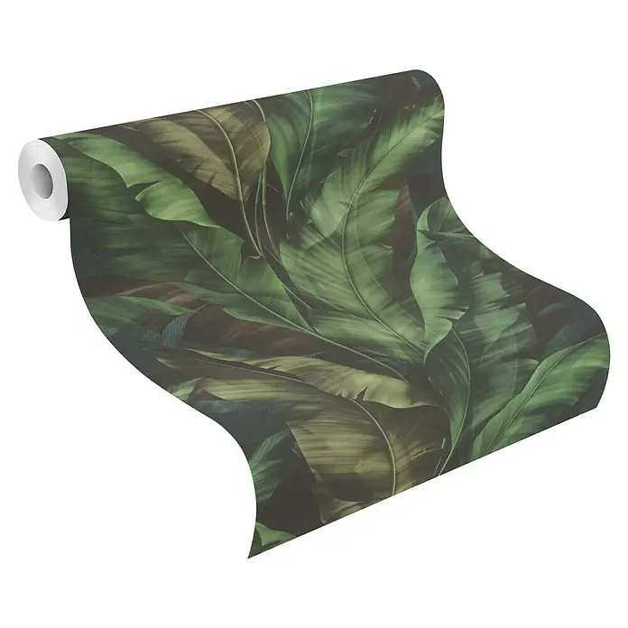 Tesa Rasch Strukturtapete Rio Blatt - Selbstklebend, Grün/Schwarz, Floral, 6 x 0,53 m - Tapetenrolle mit dunklem Grün-Braun-Tropenblattmuster.