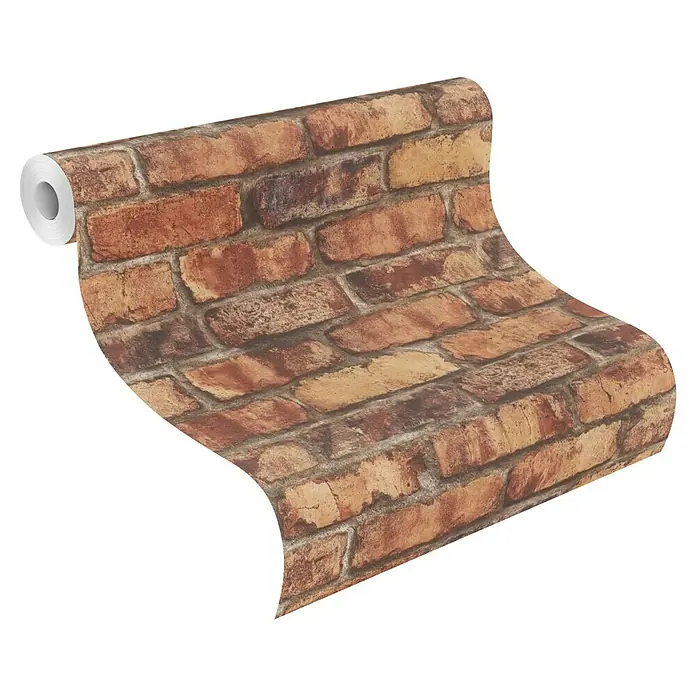 Tesa Rasch Strukturtapete Clayton Backstein - Selbstklebend, Rot/Beige/Orange, Steinoptik, 6 x 0,53 m - Abgerollte Tapetenrolle mit realistischem rotem und braunem Ziegelmuster.