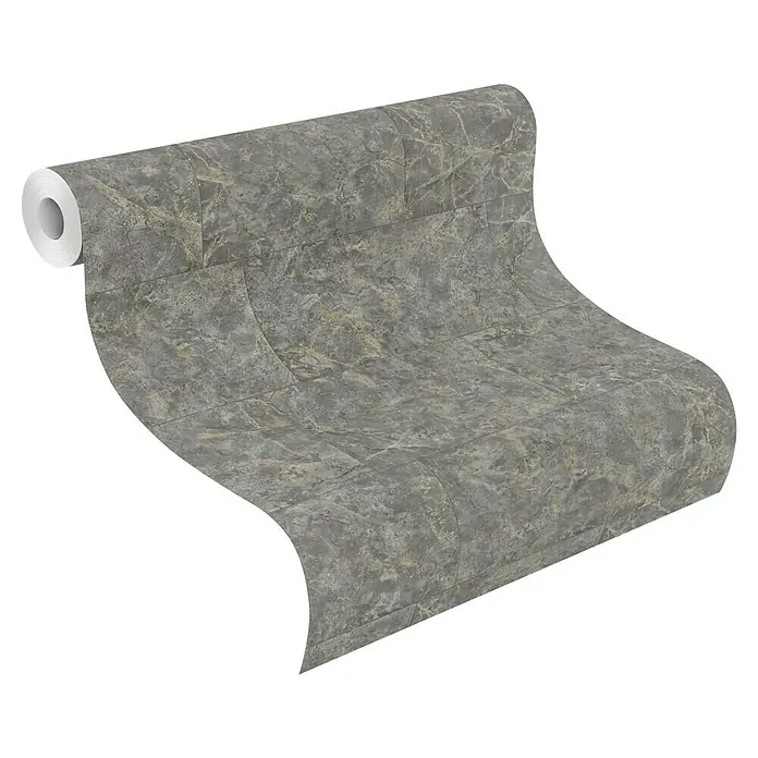 Tesa Rasch Strukturtapete Luxora - Selbstklebend, Grau/Anthrazit, Fliesenoptik, 6 x 0,53 m - Rolle grauer Marmorfliesen-Selbstklebefolie, teilweise abgerollt.
