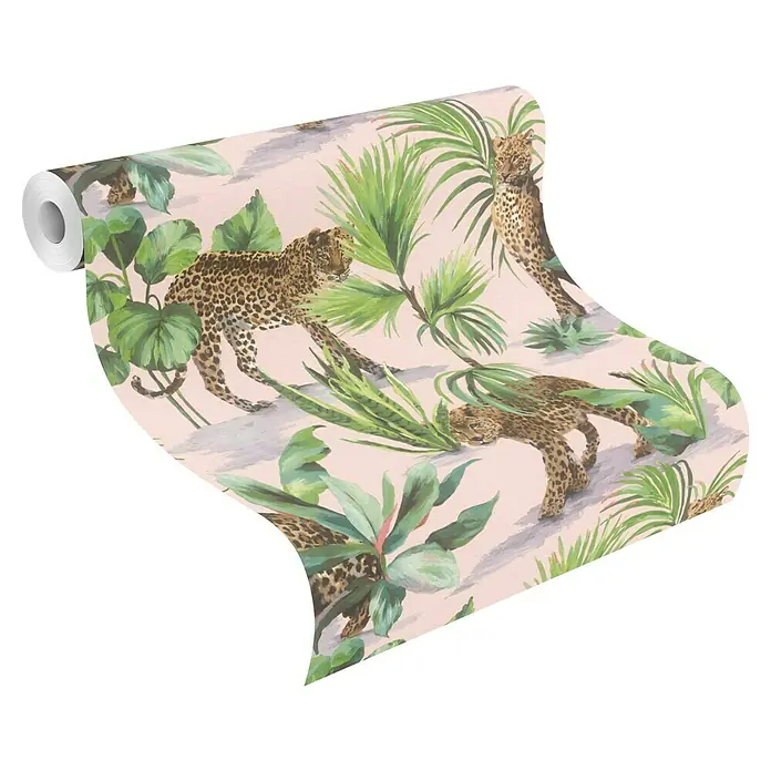 Tesa Rasch Strukturtapete Savanna - Selbstklebend, Braun/Rose, Tieroptik, 6 x 0,53 m - Rolle rosa Tapete mit Leoparden- und tropischem Blättermuster.