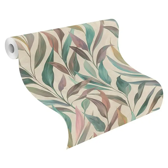 Tesa Rasch Strukturtapete Fiesta - Selbstklebend, Beige/Bunt, Floral, 6 x 0,53 m - Unabgerollte Tapetenrolle mit botanischem Muster bunter Blätter in gedämpften Blaugrün-, Rosa- und Brauntönen auf hellbeigem Hintergrund.