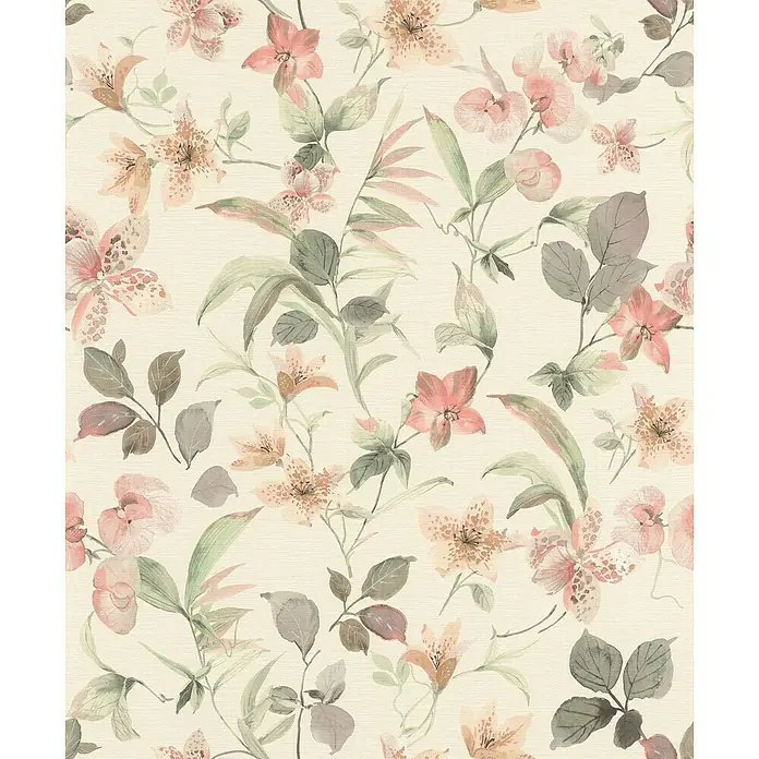 Tesa Rasch Strukturtapete Lumina - Selbstklebend, Beige/Grün, Floral, 6 x 0,53 m - Zartes florales Muster mit rosa und orangefarbenen Blumen und grünen Blättern auf einem cremefarbenen Hintergrund.