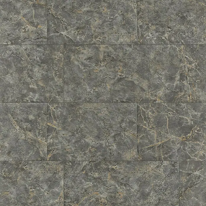 Tesa Rasch Strukturtapete Luxora - Selbstklebend, Grau/Anthrazit, Fliesenoptik, 6 x 0,53 m - Nahaufnahme von grauen Marmorfliesen mit goldenen Akzenten, die ein elegantes und modernes Design zeigen.