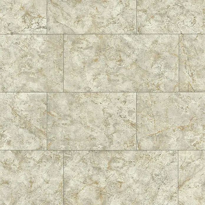 Tesa Rasch Strukturtapete Luxora - Selbstklebend, Beige/Hellgrau, Fliesenoptik, 6 x 0,53 m - Bild eines nahtlosen Musters aus beigen Steinfliesen mit subtilen Texturen und feinen Linien, die ein elegantes und natürliches Aussehen verleihen.