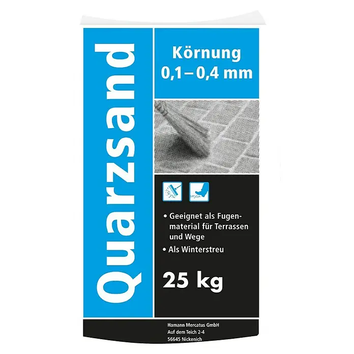 Hamann Mercatus Quarzsand - Natur, Körnung: 0,1 mm - 0,4 mm, 25 kg - Etikett für einen 25 kg Sack Quarzsand 0,1-0,4 mm, geeignet für Fugenmaterial und Winterstreu.