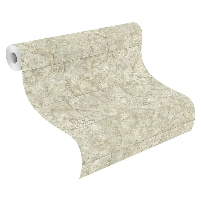 Tesa Rasch Strukturtapete Luxora - Selbstklebend, Beige/Hellgrau, Fliesenoptik, 6 x 0,53 m - Teilweise abgerollte beigefarbene Tapetenrolle mit Natursteinfliesenmuster.