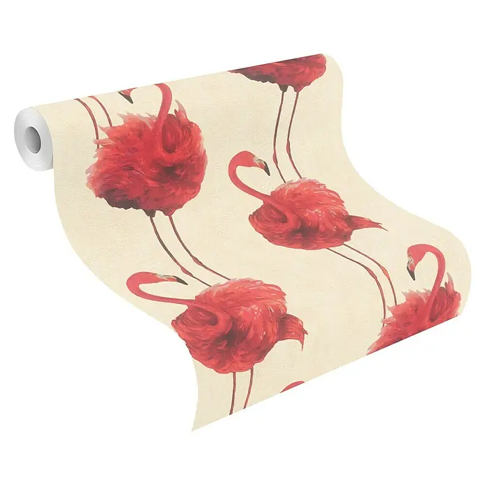 Tesa Rasch Strukturtapete Flamazing - Selbstklebend, Beige/Rosa, Tieroptik, 6 x 0,53 m - Tapetenrolle mit rotem Flamingo-Muster auf hellbeigem Hintergrund.