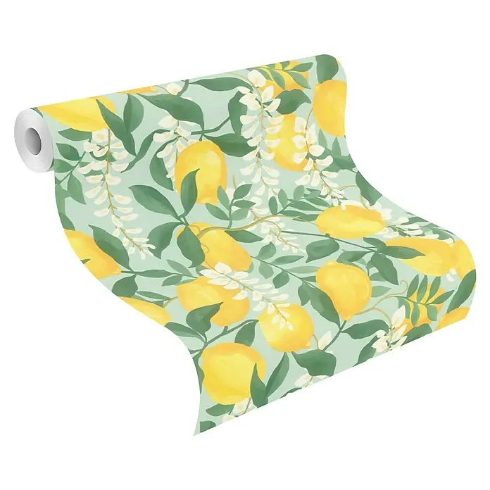 Tesa Rasch Strukturtapete Portofino - Selbstklebend, Blau/Grün/Gelb, Floral, 6 x 0,53 m - Teilweise abgerollte Tapetenrolle mit gelben Zitronen, grünen Blättern und weißen Blüten auf mintgrünem Grund.