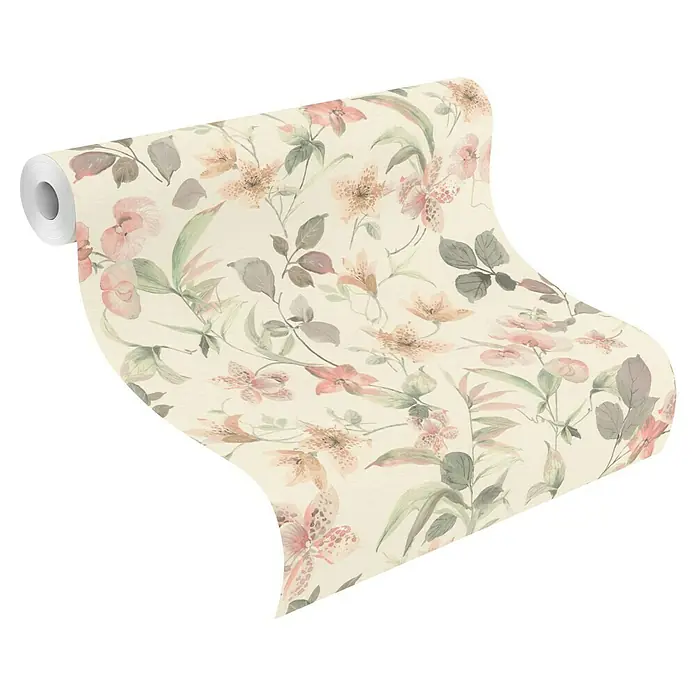 Tesa Rasch Strukturtapete Lumina - Selbstklebend, Beige/Grün, Floral, 6 x 0,53 m - Rolle beiger Tapete mit zartem Aquarell-Blumenmuster in Rosa, Orange und Grün.