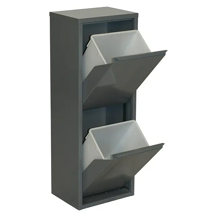 Simonrack Armario multiusos metálico - L x An x Al: 25 x 34 x 92 cm, Gris - Cubo de reciclaje vertical: Unidad gris con dos cubos blancos y puertas basculantes, ideal para la separación de residuos en espacios reducidos.