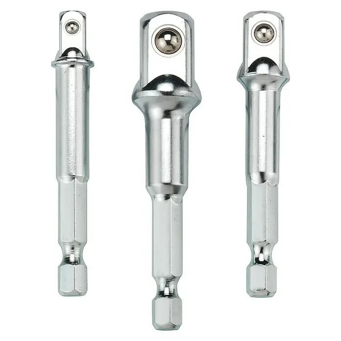 Connex Set de adaptadores de 1/4" - 3 pzs. - Tres adaptadores de vaso cromados con vástago hexagonal para taladros, ideales para aficionados al bricolaje y profesionales.