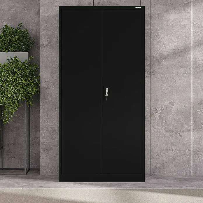 Jan Nowak Aktenschrank Jan - B x T x H: 90 x 40 x 185 cm, Schwarz - Schwarzer Metallschrank mit zwei Türen und Schloss.