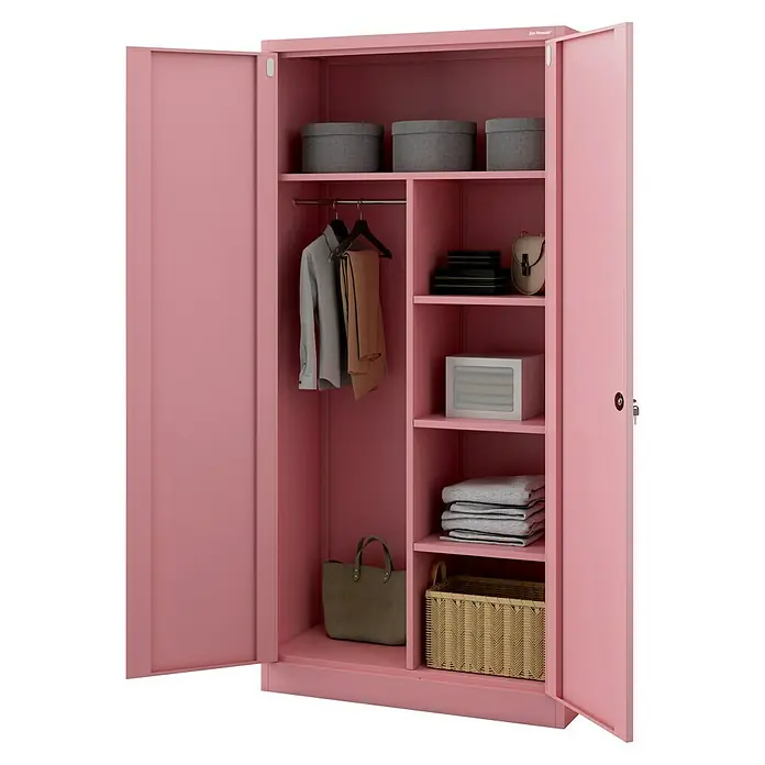 Jan Nowak Metall-Mehrzweckschrank Dawid - H x B x T: 185 x 90 x 45 cm, Rosa - Offener rosa Metallschrank mit Regalen, Kleiderstange und diversen gelagerten Gegenständen.