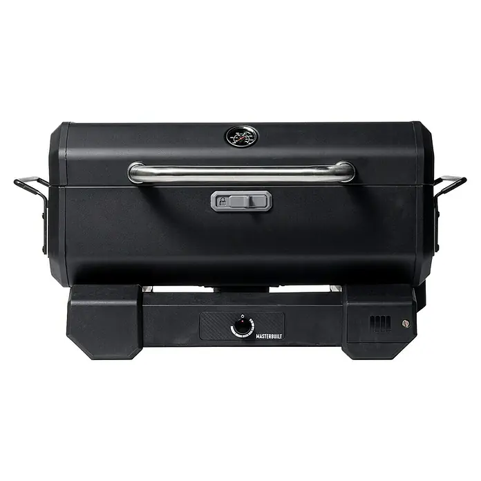 Masterbuilt Holzkohlegrill Portable - Grillfläche (B x T): 41 x 33 cm, Schwarz - Schwarzer Masterbuilt Portable Grill mit Temperaturanzeige, silbernem Griff und Drehknopf.