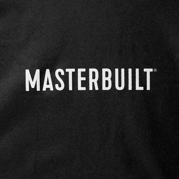 Char-Griller Grill-Schutzhülle - Passend für: Masterbuilt 30-Zoll-Rauchermodelle mit oder ohne Beine (bis zu 750 Quadratzoll Garfläche) - Weißes MASTERBUILT-Logo auf schwarzem strukturiertem Stoff.