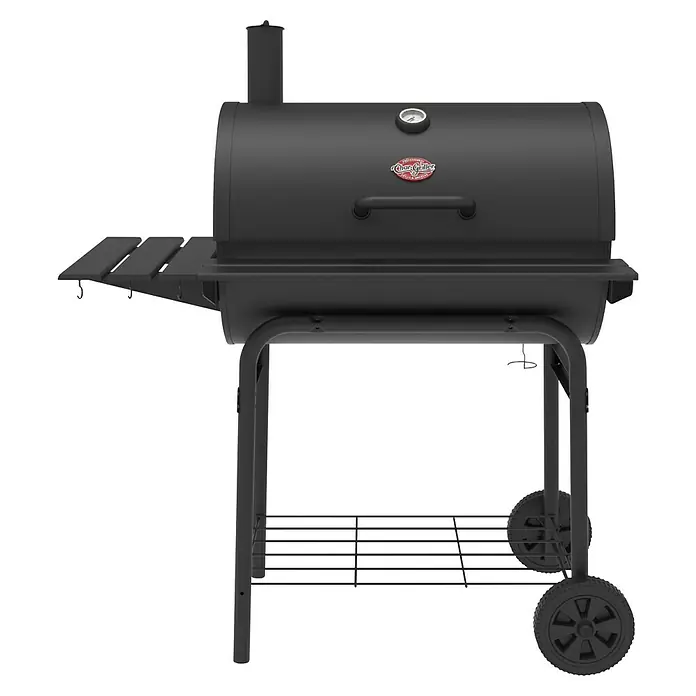 Char-Griller Holzkohlegrill - Grillfläche (B x T): 56 x 50 cm, Schwarz - Dunkelgrauer Metall-Holzkohlegrill mit Seitenablage, integriertem Thermometer und Rädern zum Grillen im Freien.