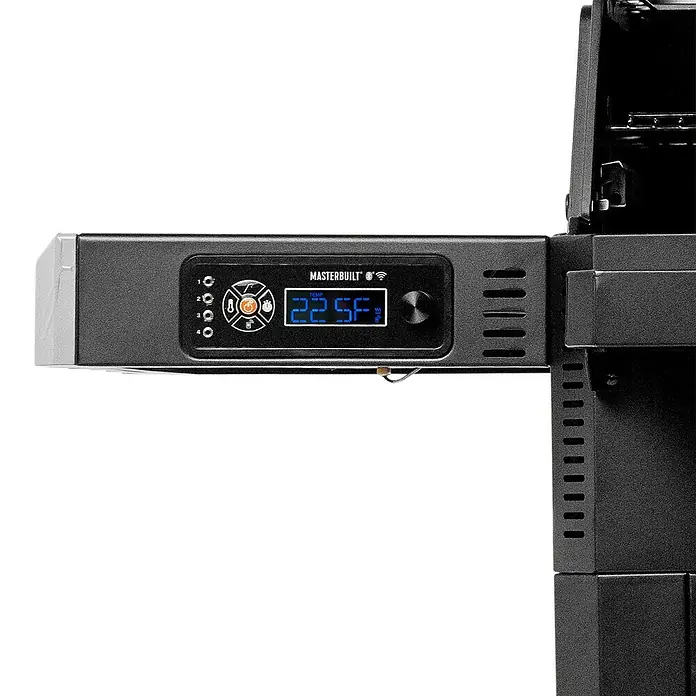 Masterbuilt Holzkohlegrill Gravity 600 - Grillfläche (B x T): 56 x 44 cm, Schwarz - Masterbuilt digitales Bedienfeld, dunkelgrau, zeigt 225F auf blauem Display, mit Sondenanschlüssen und drahtlosen Anzeigen, an Grill befestigt.