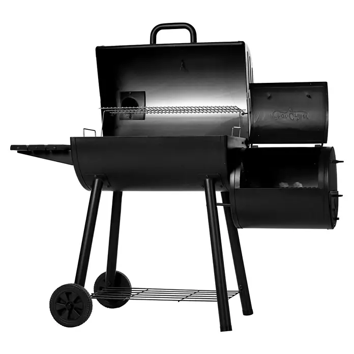 Char-Griller Holzkohlegrill inkl. Offset-Smoker - Grillfläche (B x T): 79 x 44 cm, Schwarz - Schwarzer Offset-Smoker-Grill mit offenem Deckel, Rosten und Rädern.