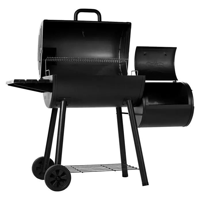 Char-Griller Holzkohlegrill inkl. Offset-Smoker - Grillfläche (B x T): 79 x 44 cm, Schwarz - Schwarzer Metall-Holzkohlegrill mit offenem Deckel, Seitenablage und Rädern.