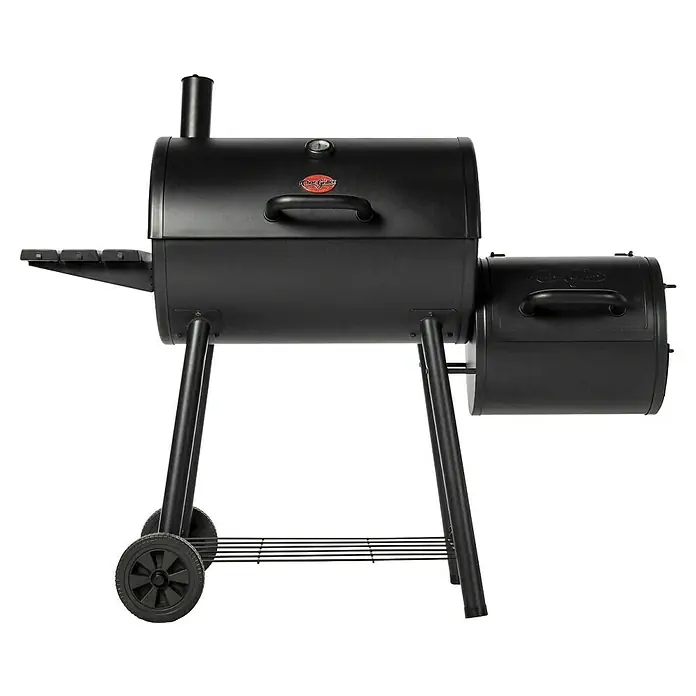 Char-Griller Holzkohlegrill inkl. Offset-Smoker - Grillfläche (B x T): 79 x 44 cm, Schwarz - Schwarzer Metall-Holzkohlegrill mit integriertem Offset-Räucherofen und Seitenablage.