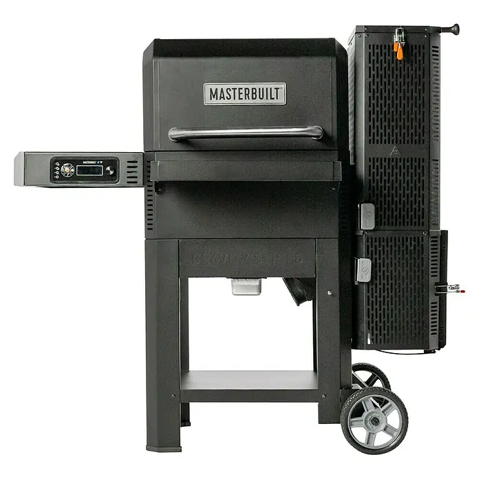 Masterbuilt Holzkohlegrill Gravity 600 - Grillfläche (B x T): 56 x 44 cm, Schwarz - Schwarzer Masterbuilt Gravity Series Holzkohlegrill mit Digitalsteuerung und großem Seitenbehälter auf Rädern.