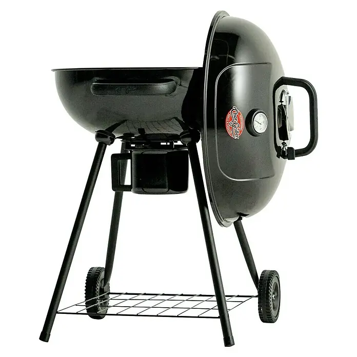 Char-Griller Holzkohlegrill - Durchmesser Grillfläche: 57 cm, Schwarz - Schwarzer Metall-Holzkohlegrill mit offenem Deckel, Thermometer, Griff und unterer Ablagefläche mit Rädern.