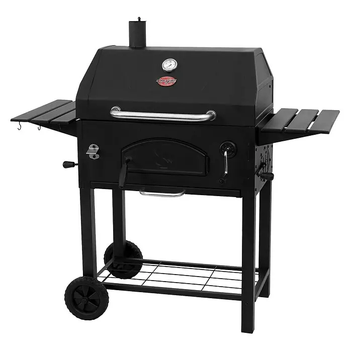 Char-Griller Holzkohlegrill Traditional - Grillfläche (B x T): 76 x 44 cm, Schwarz - Schwarzer Holzkohlegrill aus Metall mit Seitenablagen, integriertem Thermometer und Rädern.