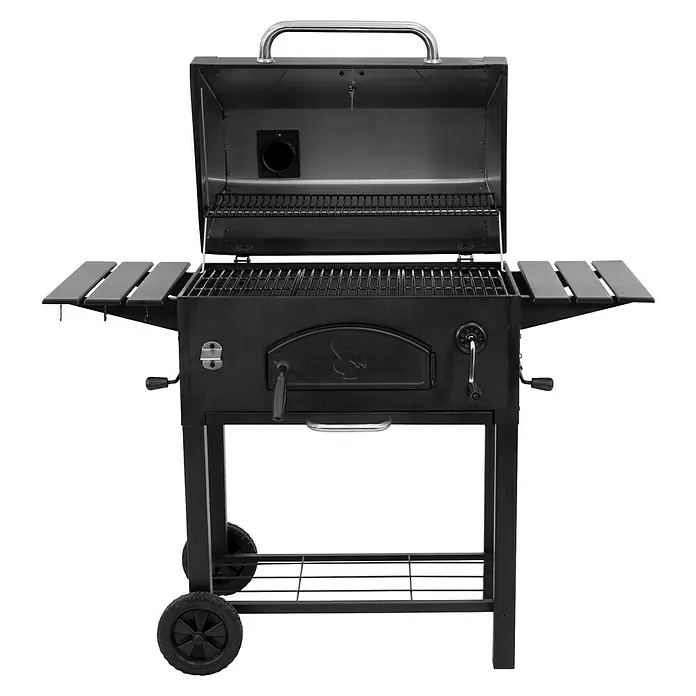 Char-Griller Holzkohlegrill Traditional - Grillfläche (B x T): 76 x 44 cm, Schwarz - Schwarzer Holzkohlegrill mit offenem Deckel, Seitenablagen und Rollen.
