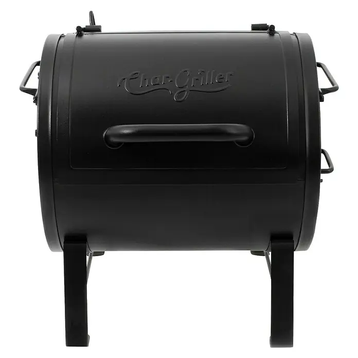 Char-Griller Smoker Portable Grill and Side Fire Box - Grillfläche (B x T): 45 x 43 cm - Schwarzer Char-Griller Tonnen-Grill/Smoker mit Deckelgriff und Seitengriffen auf kurzen Beinen.