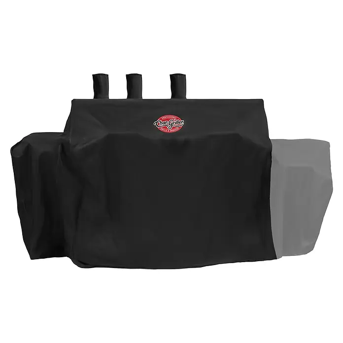 Char-Griller Grill-Schutzhülle - Passend für: Modelle 5030, 5037, 5050, CG30281224, CG30282825 und CG30282925. - Schwarze Char-Griller Grill- und Smoker-Abdeckung mit grauem Seitenteil rechts.
