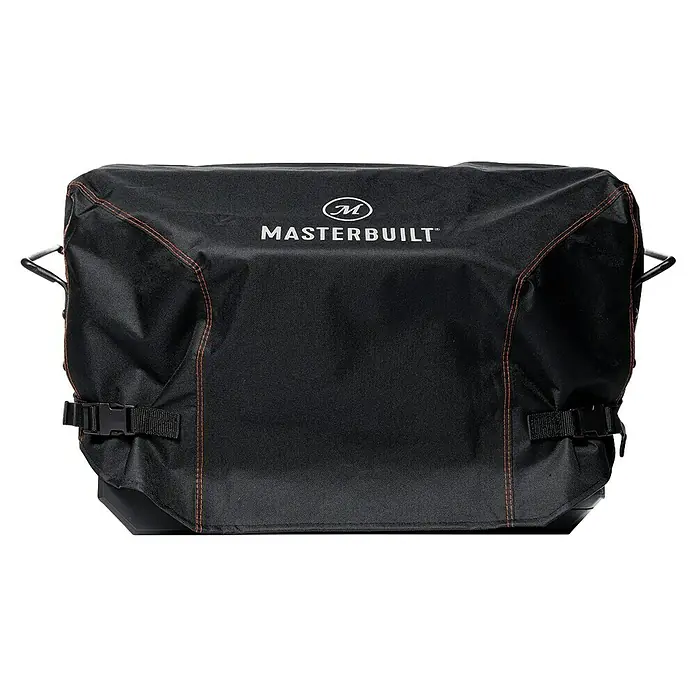 Char-Griller Grill-Schutzhülle - Passend für: tragbare Holzkohlegrill von Masterbuilt - Schwarze Schutzhülle aus Stoff mit orangefarbenen Nähten, 'MASTERBUILT'-Logo, Seitengriffen und Schnallen.