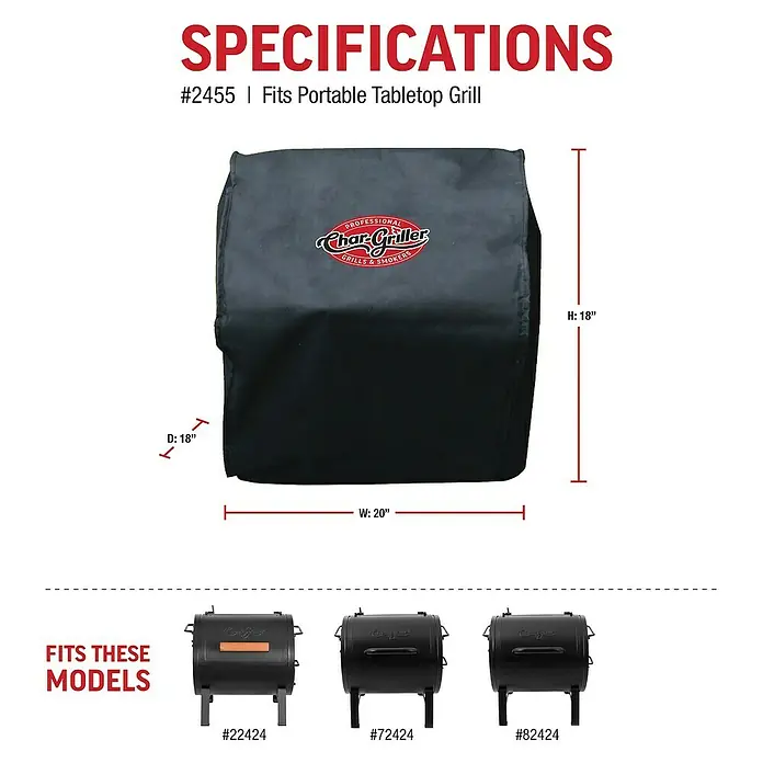 Char-Griller Grill-Schutzhülle - Passend für: Char-Griller Portable Grill Modelle 22424, 72424, E82424 und 924240 - Schwarze Char-Griller Tischgrillabdeckung (B20" T18" H18"), passend für Modelle #2455, #22424, #72424, #82424.